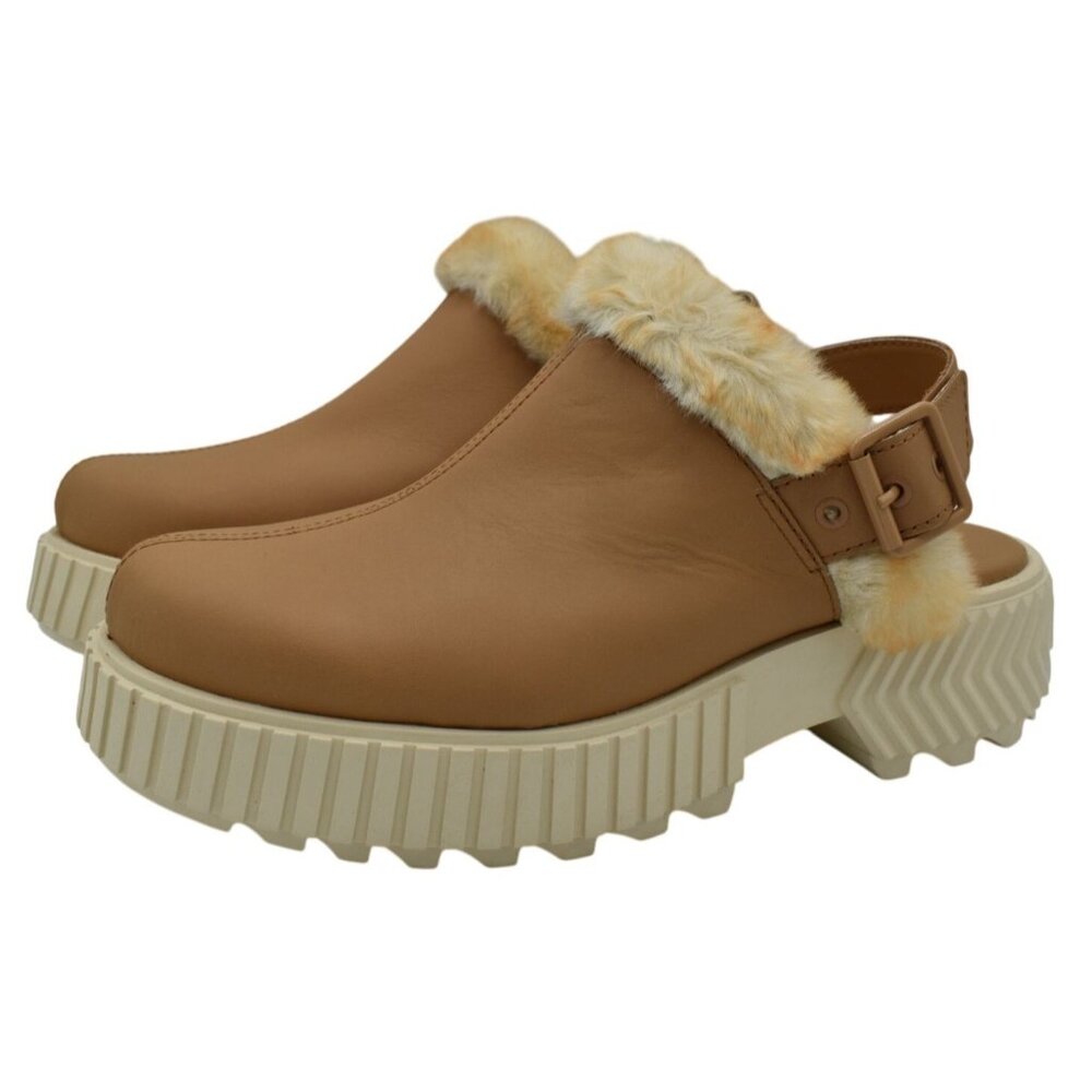 Sorel ONA AVE Mule Women 9 Tawny Buff Leather Faux Fur NEW Platform Clog